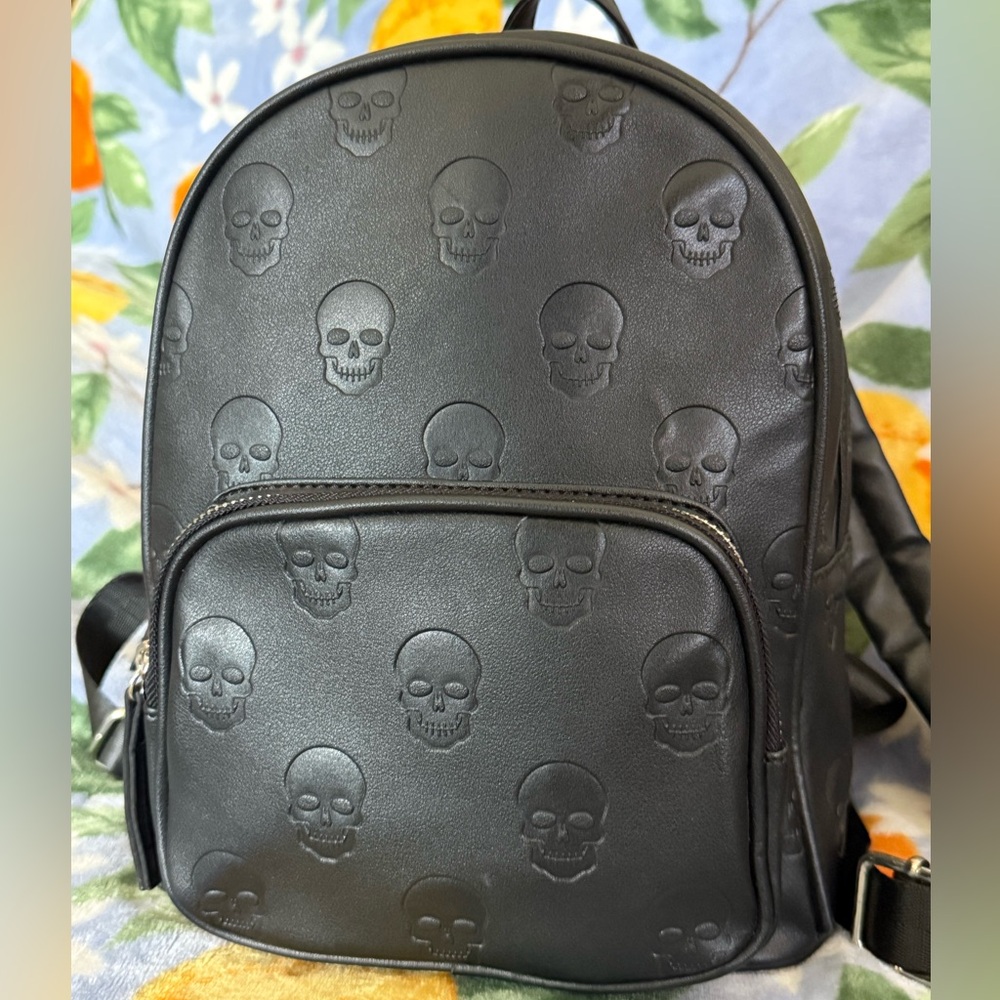Y2K MAD Engine Black Embossed Skull Pattern Small Backpack Goth Punk NWOT